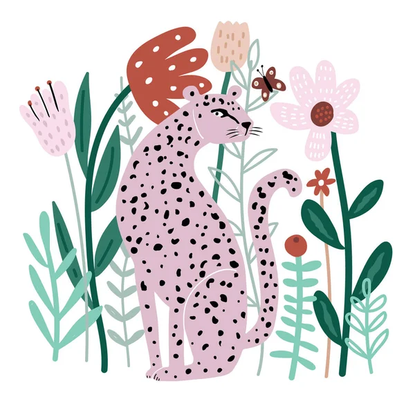 Leopardo Disegnato Mano Ambiente Floreale Stampa Giungla Alla Moda Illustrazione — Vettoriale Stock