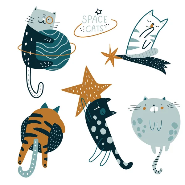 Uzay vektörü klibindeki sevimli kediler. Kozmosta kedisi olan sevimli çizgi film karakterleri. Kartlar, afişler, kıyafetler için tasarımı hazırla.