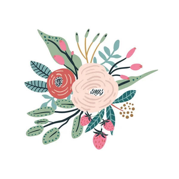 Floral Σύνθεση Λουλούδια Κλαδιά Φράουλα Μούρα Έτοιμο Σχέδιο Για Ευχετήρια — Διανυσματικό Αρχείο