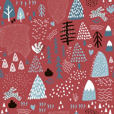 Kış kusursuz desen. Kumaş, ambalaj kağıdı ve tekstil için özel yapım. Vektör illüstrasyonu
