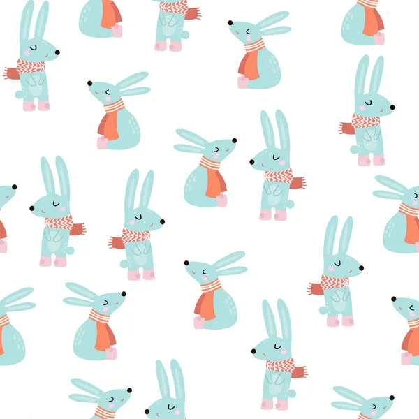 Seamless Festive Pattern Cute Cartoon Rabbits Vector Holiday Background — Stock Vector