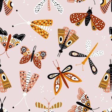 Renkli kelebekler ve pervanelerle kusursuz bir desen. Kumaş, ambalaj, tekstil, duvar kağıdı ve giysi için yaratıcı. Vektör illüstrasyonu