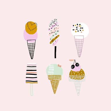 Yaratıcı el yapımı dondurma seti. Vektör yaz geçmişi. Poster, çıkartma, giyim tasarımı için harika.