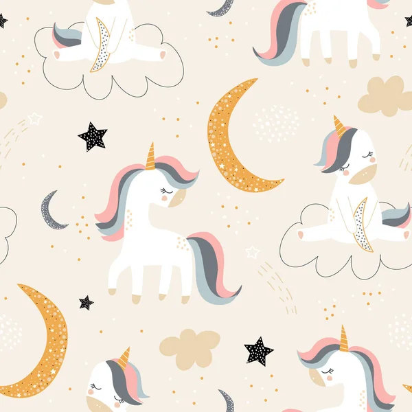 Childish Seamless Pattern Creative Unicorns Moon Stars Trendy Kids Vector — Stock Vector