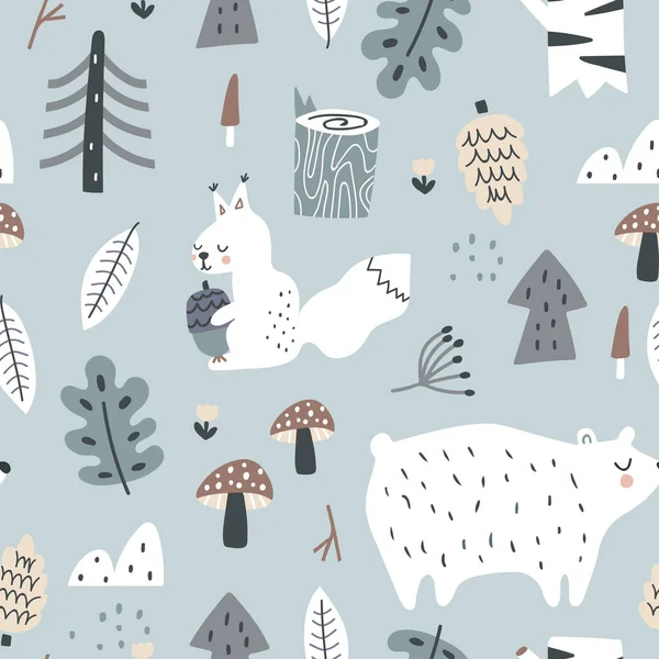 Forest seamless pattern with bear and squirrel. Trendy woodland texture perfect for textile, fabric, apparel, wallpaper.Vector illustration