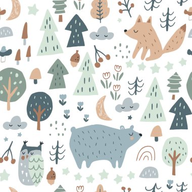 Ayı, tilki, baykuş ve sincabın olduğu ağaçsız bir yer. Tekstil, kumaş, giyim, duvar kâğıdı için son moda orman dokusu mükemmel. Vektör illüstrasyonu