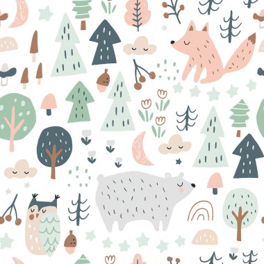 Ayı, tilki, baykuş ve sincabın olduğu ağaçsız bir yer. Tekstil, kumaş, giyim, duvar kâğıdı için son moda orman dokusu mükemmel. Vektör illüstrasyonu