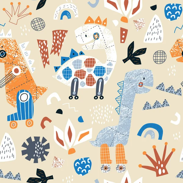 Childish seamless pattern with hand drawn dinosaurs robots and abstract shapes. Creative vector childish background for fabric, textile