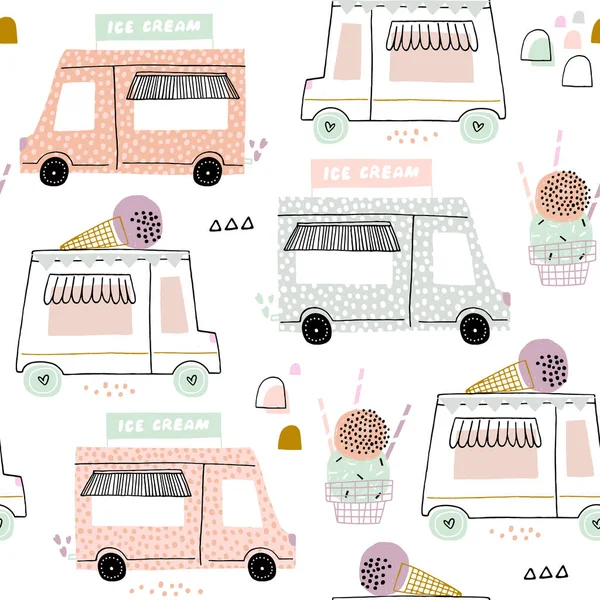 Seamless Childish Pattern Ice Cream Trucks Summer Creative Texture Great — Stock Vector