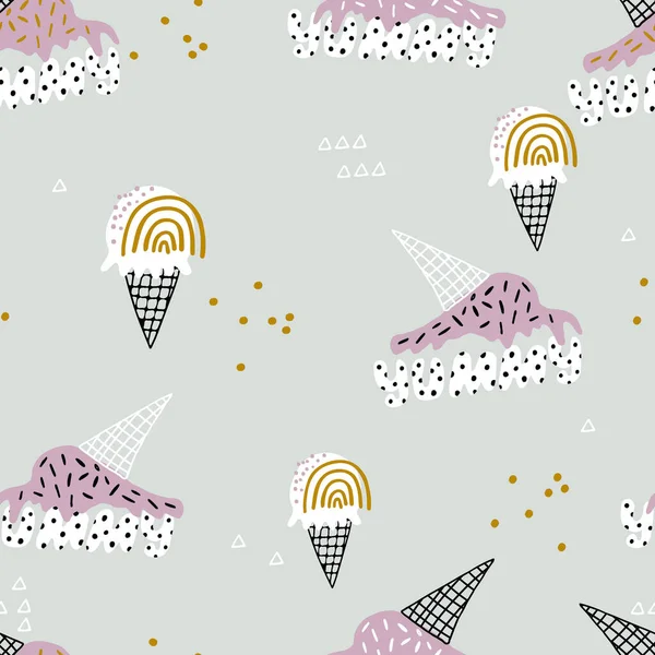 Seamless Ice Cream Pattern Rainbow Yummy Lettering Vector Summer Illustration — Stock Vector