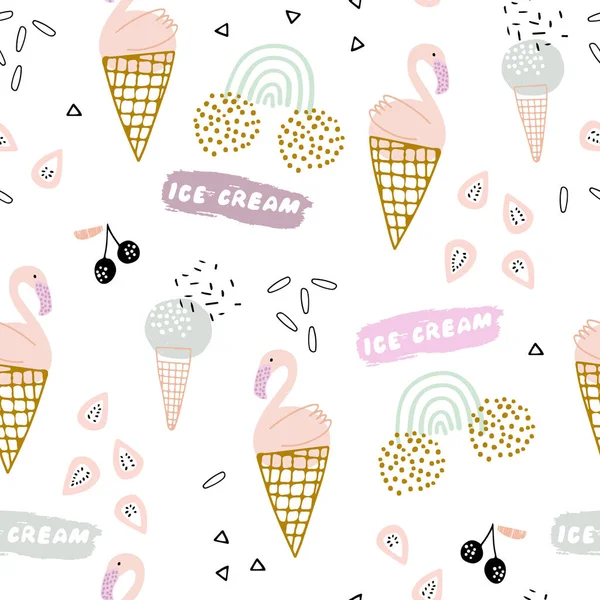 Summer Seamless Pattern Hand Drawn Ice Cream Flamingo Rainbow Brush — Stock Vector