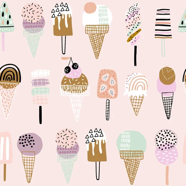 Summer Seamless Pattern Hand Drawn Different Ice Cream Vector Illustration — Stock Vector