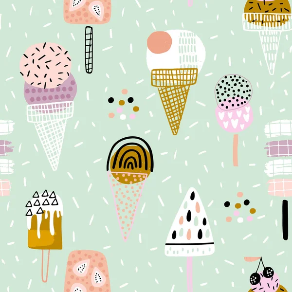 Summer Seamless Pattern Hand Drawn Different Ice Cream Vector Illustration — Stock Vector