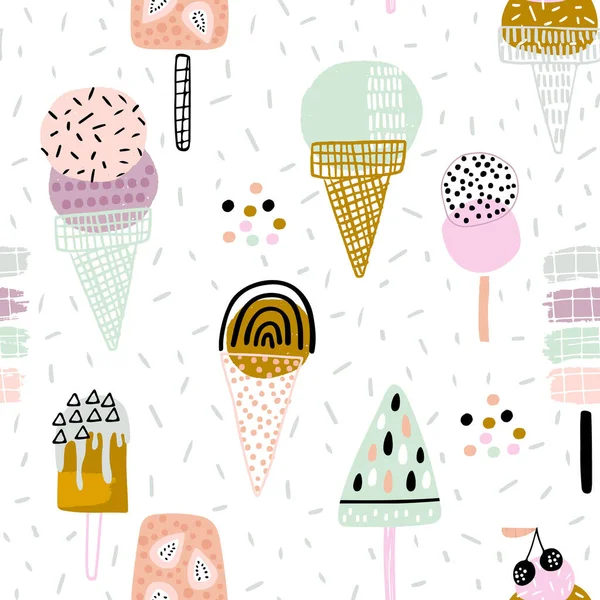 手描きの異なるアイスクリームと夏のシームレスなパターン ベクターイラスト ストックイラスト