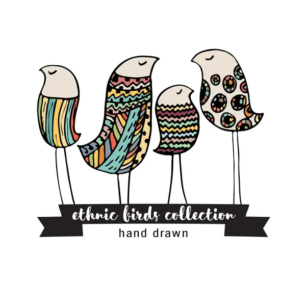 Ethnic birds collection. Hand drawn vector birds with black outline. Isolated on white — Stock Vector