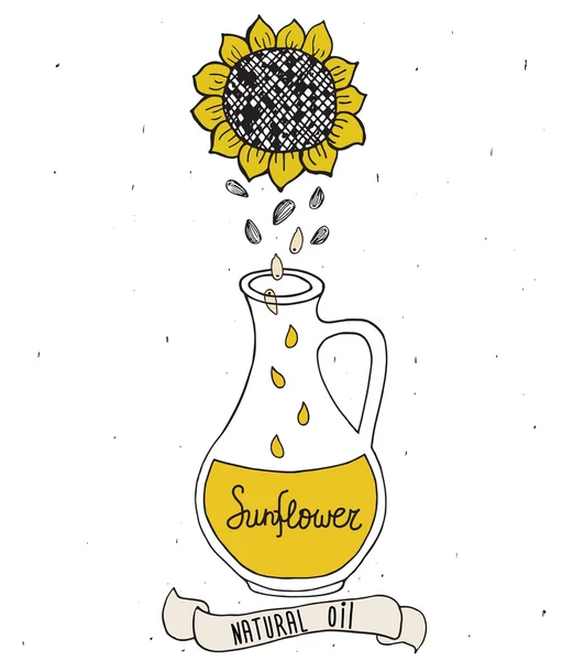 Sunflower oil in bottle. Hand drawn illustration isolated on whi — Stock Vector