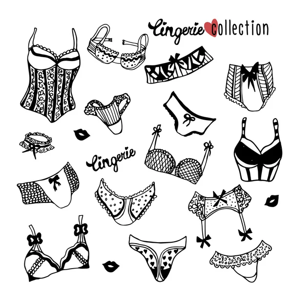 Collezione di lingerie donne doodle isolato su bianco — Vettoriale Stock