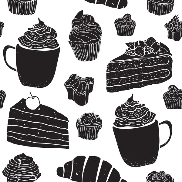 Vintage patroon met silhouet snoepjes cakes en cups. Hand dr — Stockvector