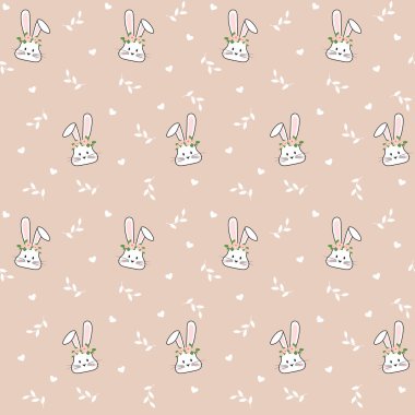 Kusursuz bir vektör deseni, sevimli bir tavşanın başının, etrafa saçılmış kalpler ve sıcak bir bej arka planda narin yapraklarla çevrili pembe çiçeklerden oluşan bir taç taktığını gösteriyor. Romantik kır evi estetiği Paskalya, bahar, çocuk odası için mükemmel.