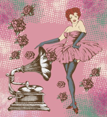 Burlesque dansçısı ve gramofon. İşlenmiş biçim. 