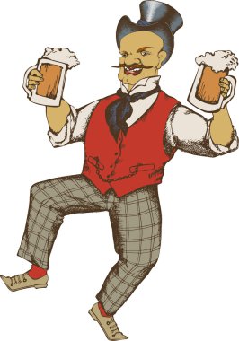 Oktoberfest bira partisinin reklam afişi ve bira festivaliyle ilgili farklı nesneler. İşlemeli stil. Vektör illüstrasyonu. 