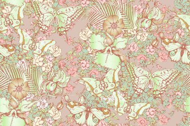 Harika çiçekler ve kelebekler. Kusursuz desen. Vektör çizimi. Kumaş, ambalaj kağıdı ve benzeri şeyler için uygun.