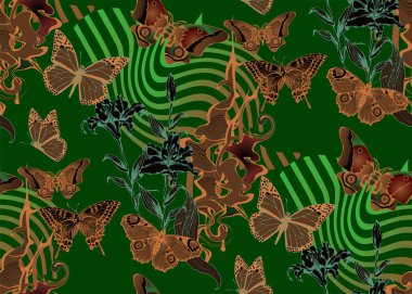 Harika çiçekler ve kelebekler. Kusursuz desen. Vektör çizimi. Kumaş, ambalaj kağıdı ve benzeri şeyler için uygun.