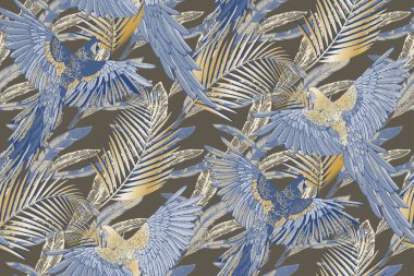 Kusursuz papağan ve çiçek deseni. Kumaş, ambalaj kağıdı ve benzeri şeyler için uygun. Vektör illüstrasyonu