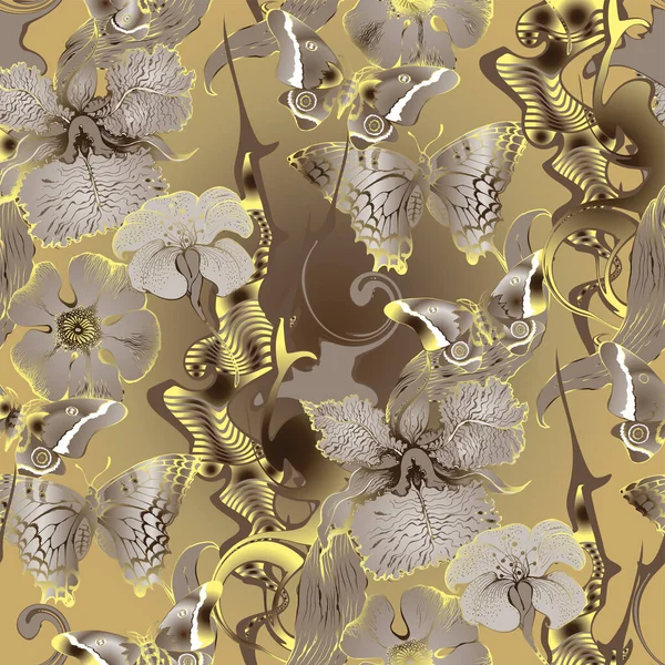 Fantastische Bloemen Vlinders Naadloos Patroon Vector Illustratie Bestemd Voor Weefsels — Stockvector