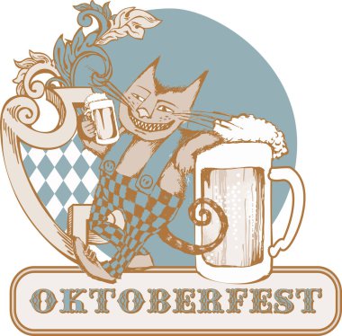 Eğlenceli karakterler Oktoberfest 'te kediler. İşlemeli stil. Vektör çizimi. Posterler, kartlar, t-şortlar için uygun