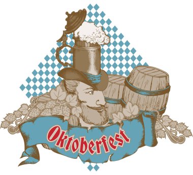 Eğlenceli karakterler Oktoberfest 'i kutluyor. İşlemeli stil. Vektör çizimi. Posterler, kartlar, t-şortlar için uygun