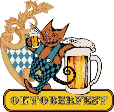 Eğlenceli karakterler Oktoberfest 'te kediler. İşlemeli stil. Vektör çizimi. Posterler, kartlar, t-şortlar için uygun