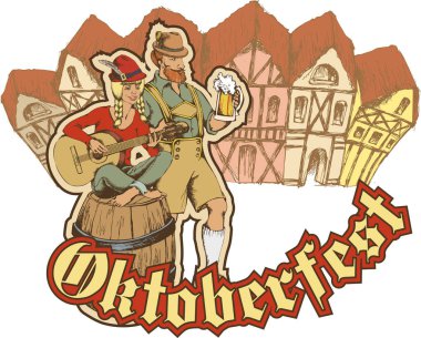 Eğlenceli karakterler Oktoberfest 'i kutluyor. İşlemeli stil. Vektör çizimi. Posterler, kartlar, t-şortlar için uygun