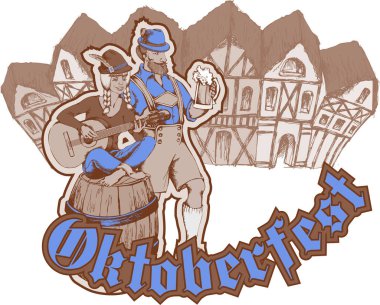 Eğlenceli karakterler Oktoberfest 'i kutluyor. İşlemeli stil. Vektör çizimi. Posterler, kartlar, t-şortlar için uygun