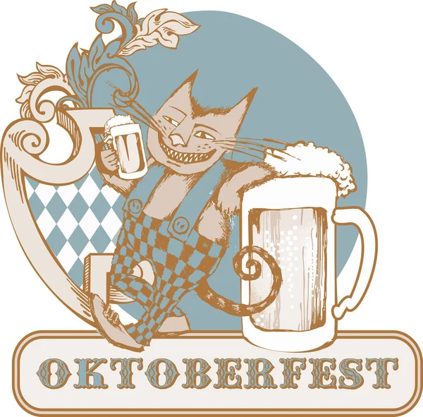 Personaggi Divertenti Gatto Oktoberfest Stile Inciso Illustrazione Vettoriale Adatto Manifesti — Vettoriale Stock