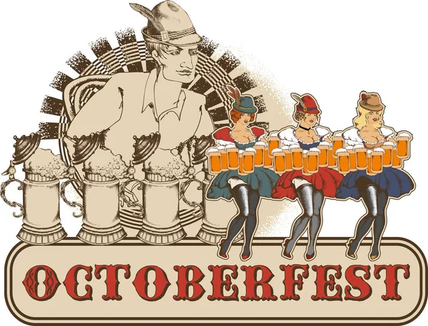 Personagens Divertidos Comemorando Oktoberfest Estilo Gravado Ilustração Vetorial Adequado Para — Vetor de Stock