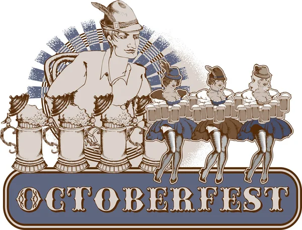 Lustige Charaktere Feiern Oktoberfest Gravierter Stil Vektorillustration Geeignet Für Poster — Stockvektor