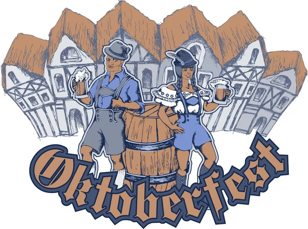 Lustige Charaktere Feiern Oktoberfest Gravierter Stil Vektorillustration Geeignet Für Poster — Stockvektor