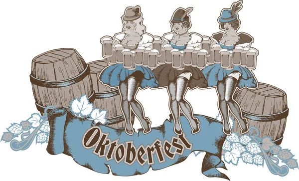 Διασκεδαστικοί Χαρακτήρες Γιορτάζουν Oktoberfest Χαραγμένο Στυλ Εικονογράφηση Διανύσματος Κατάλληλο Για — Διανυσματικό Αρχείο