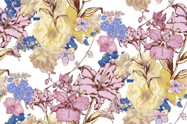 Beyaz arka planda yaprak deseni olan kusursuz, güzel, soyut renk çiçekleri.