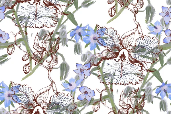 Nahtlos Schöne Abstrakte Bunte Blumen Mit Blattmuster Auf Weißem Hintergrund — Stockvektor