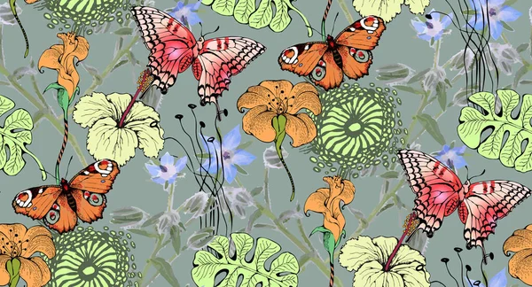 Inconsútil Hermoso Abstracto Colorido Floral Con Patrón Hoja Sobre Fondo — Archivo Imágenes Vectoriales