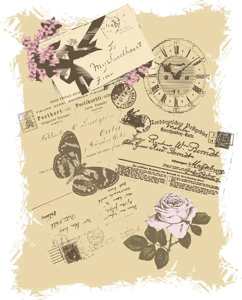 Vintage Hintergrund Mit Briefen Rosen Schmetterling Und Uhr Für Glückwünsche — Stockvektor