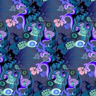  Kusursuz desen. Çiçekler ve soyutlama. Mavi renk. Arkaplan, kumaş, duvar kağıdı.