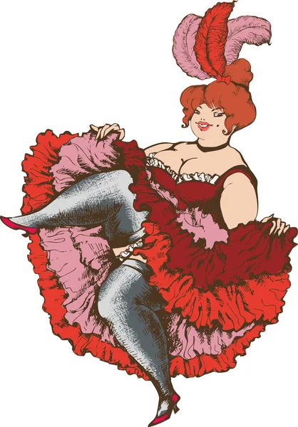 Чабби Канкан Танцор Красном Платье Смешная Карикатура Изолированном Фоне — стоковый вектор