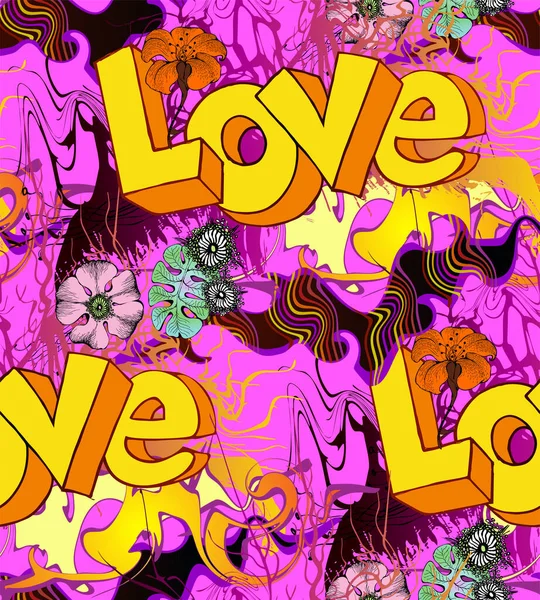 シームレスなパターン 60年代の様式で花に囲まれた愛の文字を描いた — ストックベクタ