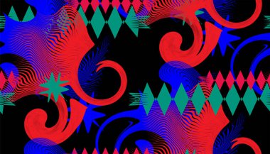 Kusursuz soyut desen. Siyah arkaplanda kırmızı, mavi ve turkuaz renkler.