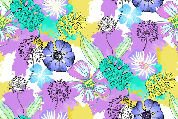 Seamless Pattern Flowers Watercolor Stains Lilac Yellow Turquoise — Stock Vector