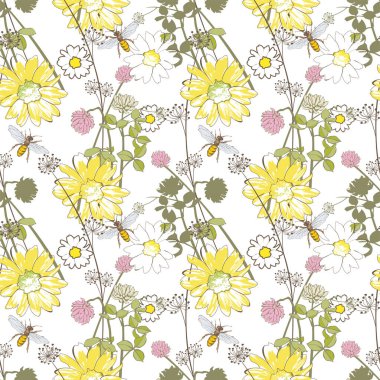 Kusursuz desen. Beyaz arkaplanda papatya ve yonca