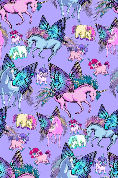 Patrón Sin Costuras Unicornios Grandes Pequeños Fondo Lila — Archivo Imágenes Vectoriales